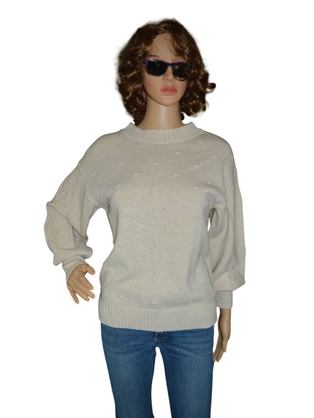 Crown & Ivy Beige Textured Crew Neck Knit Sweater Women Size M Preppy Fall Casua